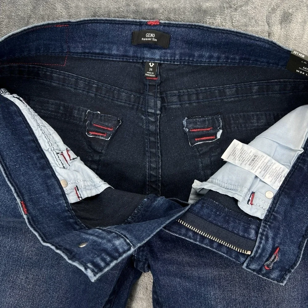 NWT True‎ Religion Dark Blue Red Stitch 34X30 Geno Relaxed Big T Flap $204 new
